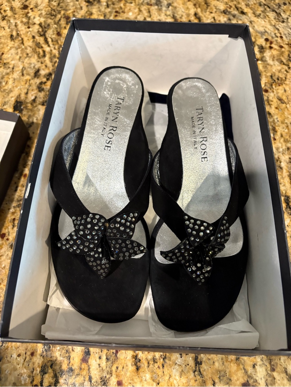 Taryn Rose Black Jeweled Flower Wedge Sandals